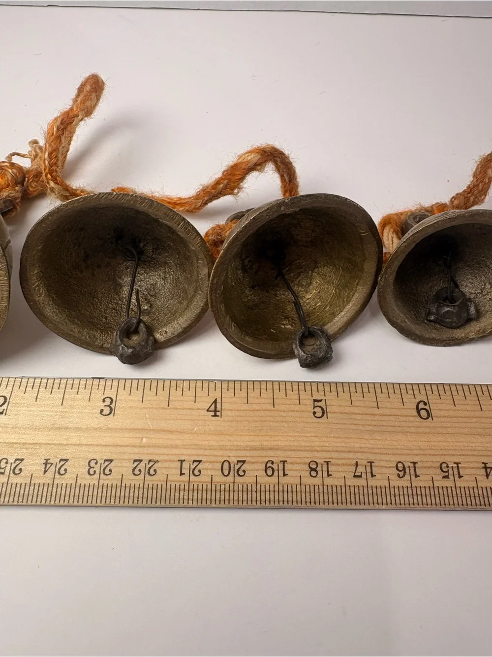 🔔 Vintage Graduated Brass Bells on Rope Garland – Rustic Temple Cow Bells – 24